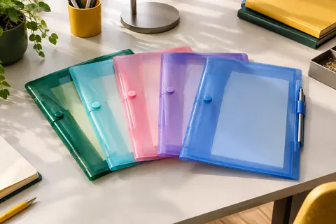 Pochettes A5 transparentes de couleurs assorties avec bouton-pression et porte-stylo sur un bureau rangé