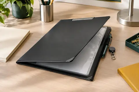 Porte-bloc noir à rabat avec pince métallique, pochette intérieure transparente et porte-stylo latéral