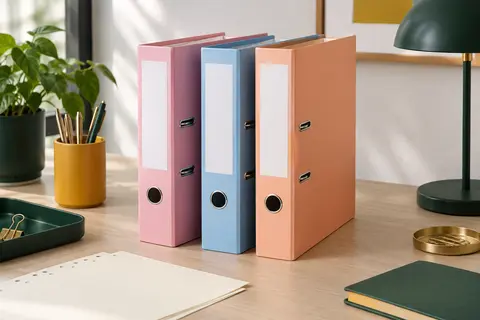 Trois classeurs à levier A4 Rexel en coloris pastel rose, bleu et pêche sur un bureau rangé