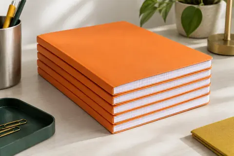 Lot de cinq blocs-notes Rhodia A4 orange à petits carreaux violets, posé sur un bureau clair.