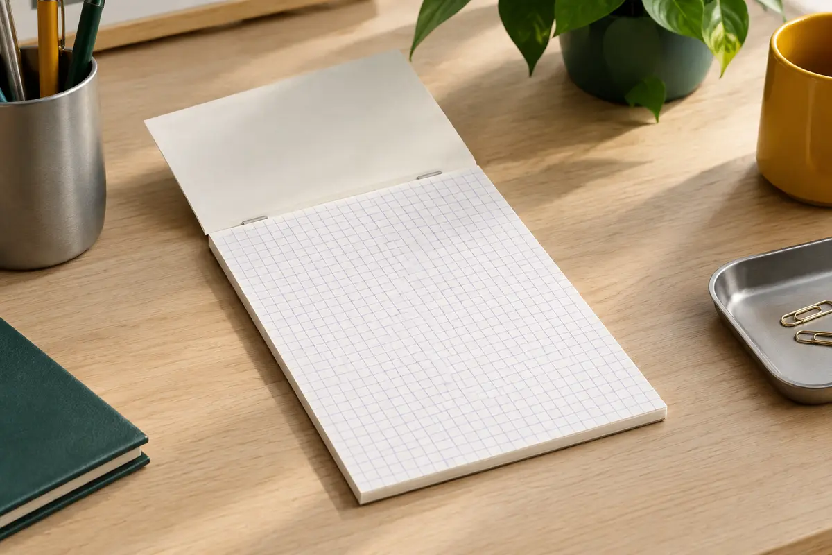 Bloc-notes Rhodia A5 blanc ouvert, quadrillé de petits carreaux violets et posé sur un bureau rangé.