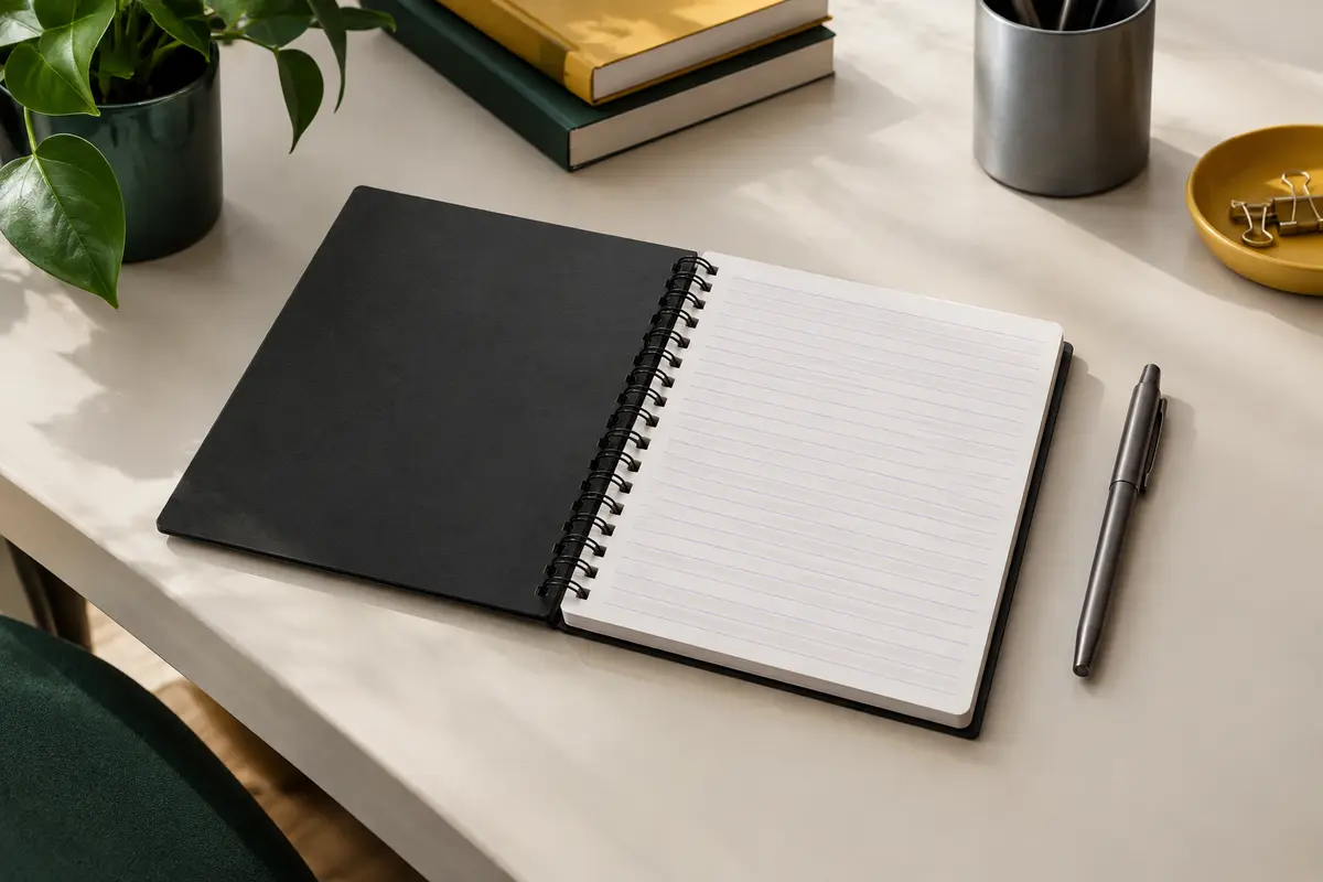 Bloc-notes noir Rhodia au format A5, ouvert sur des pages lignées violettes et posé sur un bureau clair.