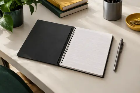 Bloc-notes noir Rhodia au format A5, ouvert sur des pages lignées violettes et posé sur un bureau clair.