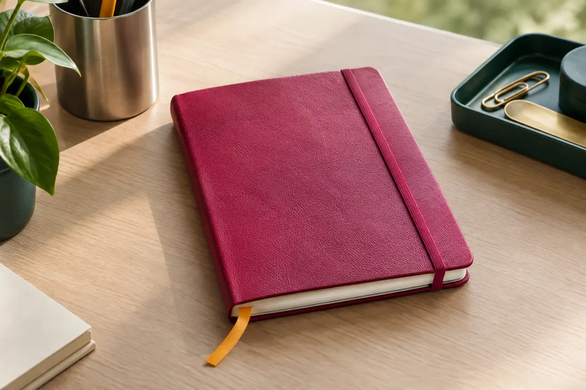 Carnet A5 framboise à couverture souple, avec fermeture élastique et ruban marque-page orange.