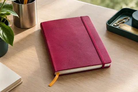 Carnet A5 framboise à couverture souple, avec fermeture élastique et ruban marque-page orange.