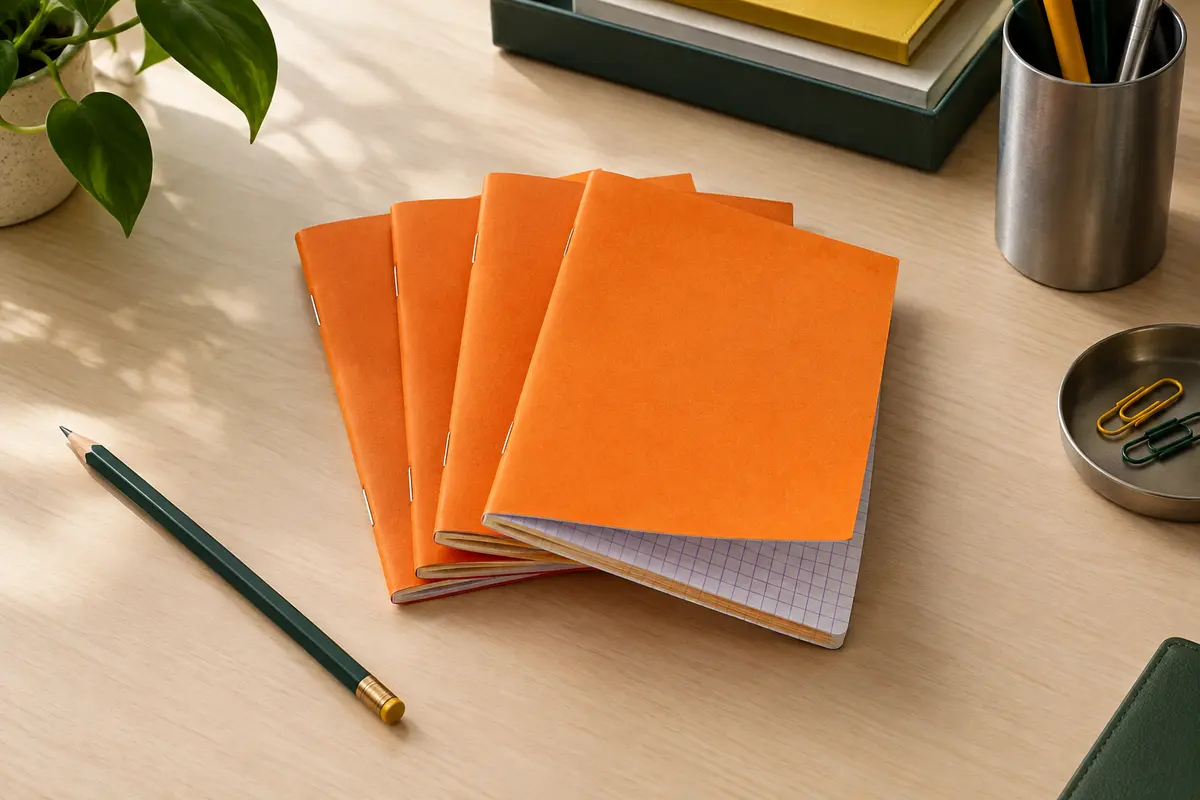 Lot de blocs-notes Rhodia orange à petits carreaux, présenté sur un bureau rangé.