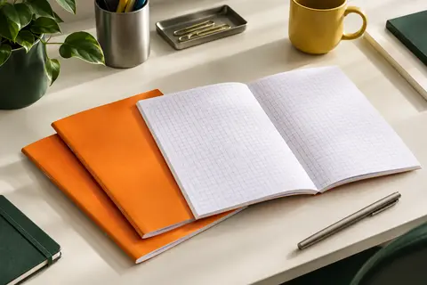 Trois blocs-notes A4 orange à petits carreaux violets, dont un ouvert sur un bureau rangé.