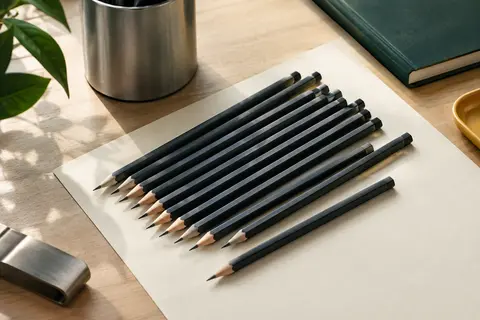 Douze crayons graphite noirs à corps hexagonal disposés sur un bureau avec une feuille ivoire.