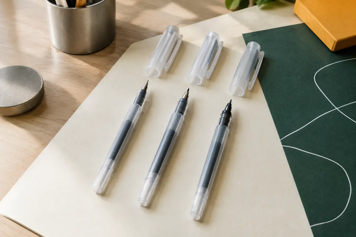 Trois stylos gel Sakura à encre blanche, de pointes différentes, posés près de traits blancs sur papier vert.