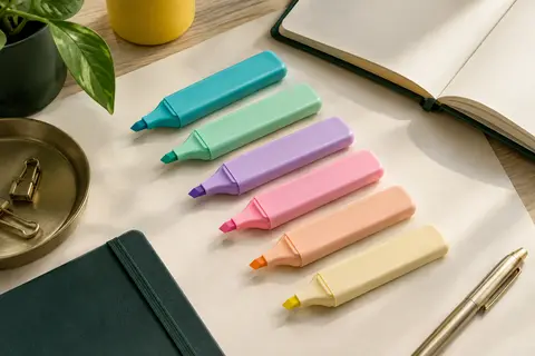 Six surligneurs plats à pointe biseautée, en teintes pastel, posés sur un bureau avec du papier ivoire.