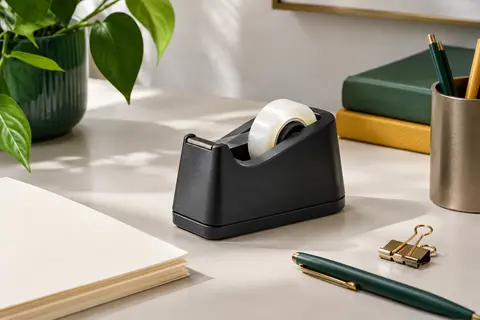 Dévidoir de bureau noir à base lestée et lame métallique posé sur un bureau rangé.