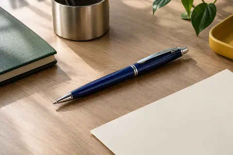 Stylo bille bleu nuit à détails chromés posé sur un bureau rangé avec une feuille ivoire