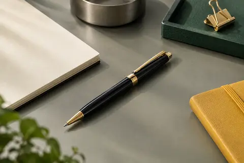 Stylo roller noir laqué avec finition dorée posé sur un bureau clair près de papier ivoire