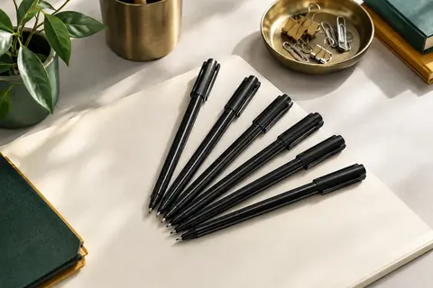 Lot de marqueurs permanents noirs à pointe fine posé sur un bureau clair avec du papier ivoire.