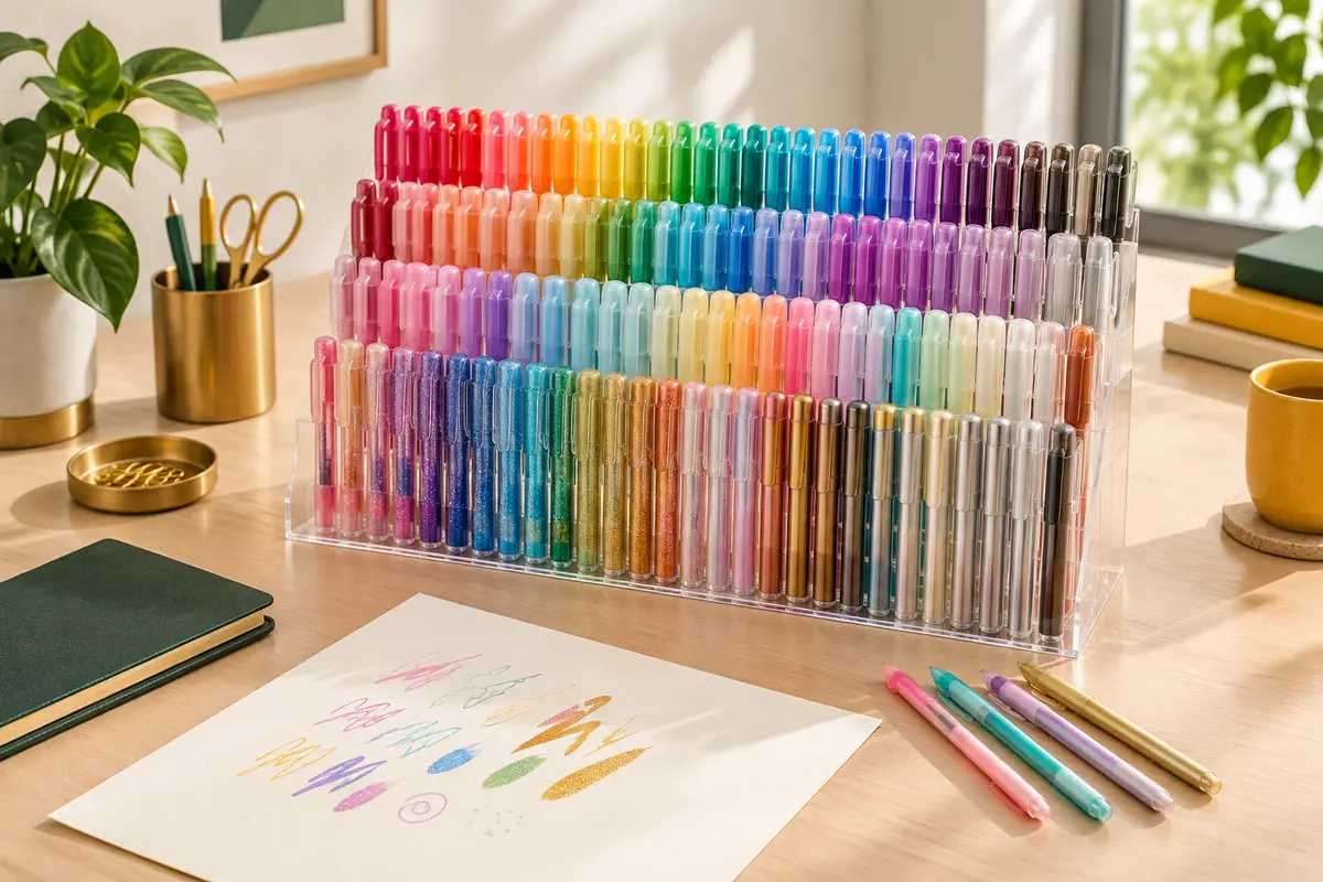 Assortiment de 120 stylos gel multicolores présenté sur un bureau avec une feuille ivoire