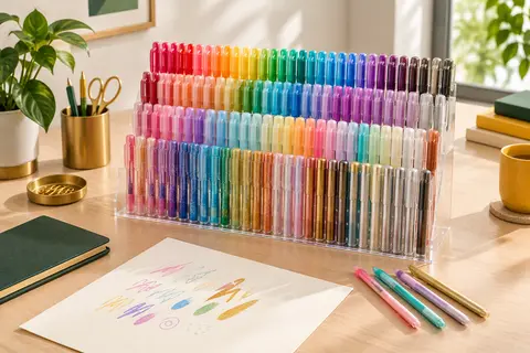 Assortiment de 120 stylos gel multicolores présenté sur un bureau avec une feuille ivoire
