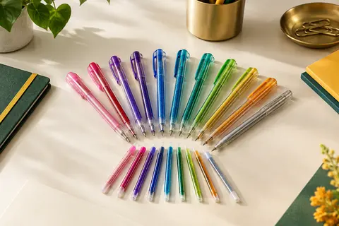 Assortiment multicolore de stylos gel pailletés et de recharges posé sur un bureau clair
