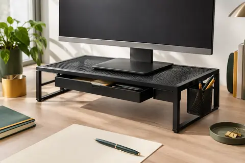 Support de moniteur noir à deux niveaux en métal, avec tiroir intégré et porte-stylo sur un bureau rangé.