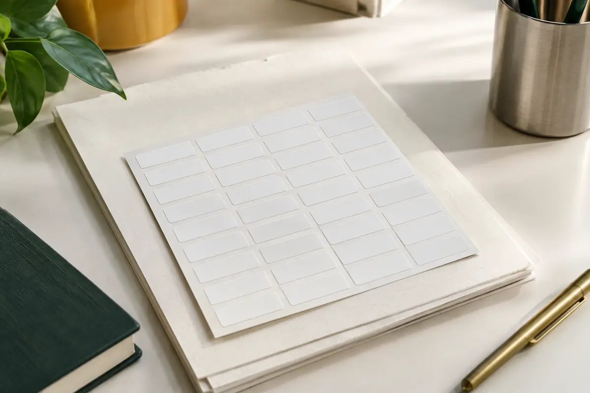 Petites étiquettes autocollantes blanches mates disposées sur des feuilles, sur un bureau clair et rangé.