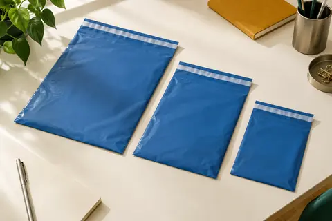 Pochettes d’expédition bleues opaques de plusieurs formats disposées sur un bureau clair et rangé.