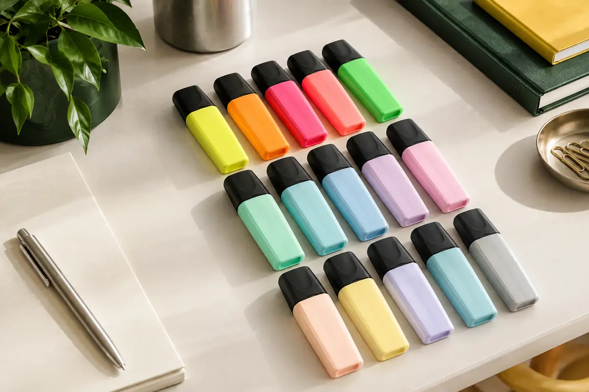 Set de 15 surligneurs STABILO BOSS ORIGINAL fluo et pastel disposés sur un bureau clair.