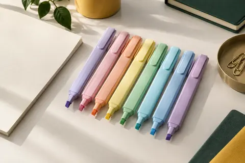 Huit surligneurs STABILO pastel à corps fin et pointe biseautée disposés sur un bureau clair