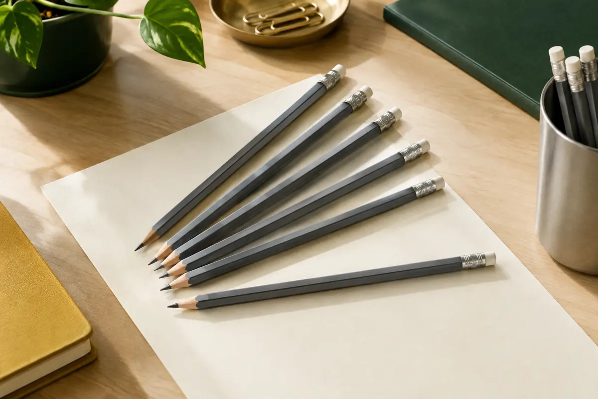 Lot de crayons graphite gris HB à corps hexagonal avec gomme intégrée, posé sur du papier ivoire.