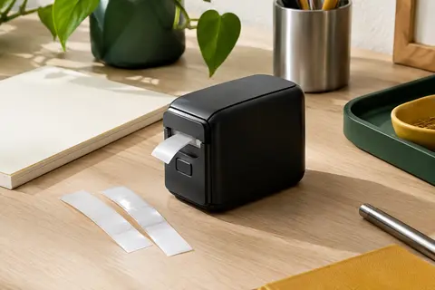 Étiqueteuse thermique noire SUPVAN E10 posée sur un bureau avec des rubans d’étiquettes vierges.