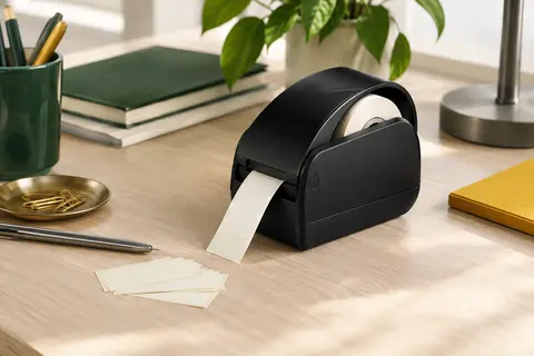 Étiqueteuse compacte noire posée sur un bureau rangé avec rouleau d’étiquettes et accessoires sobres