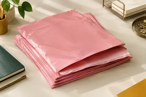 Pochettes d’expédition roses en plastique avec rabat adhésif, posées sur un bureau clair