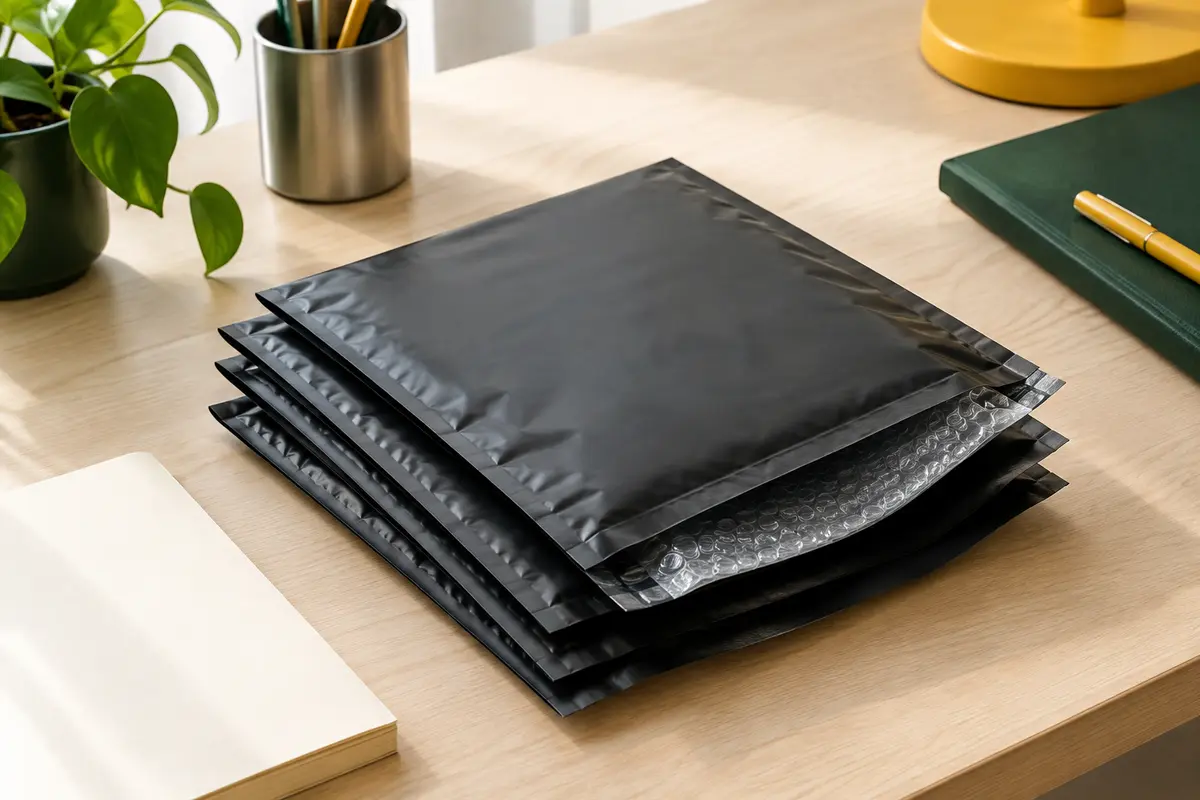 Lot de pochettes d’expédition noires matelassées à bulles, disposées sur un bureau clair et rangé.