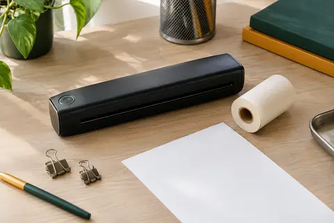 Imprimante thermique portable noire posée sur un bureau rangé, avec papier thermique ivoire à proximité.