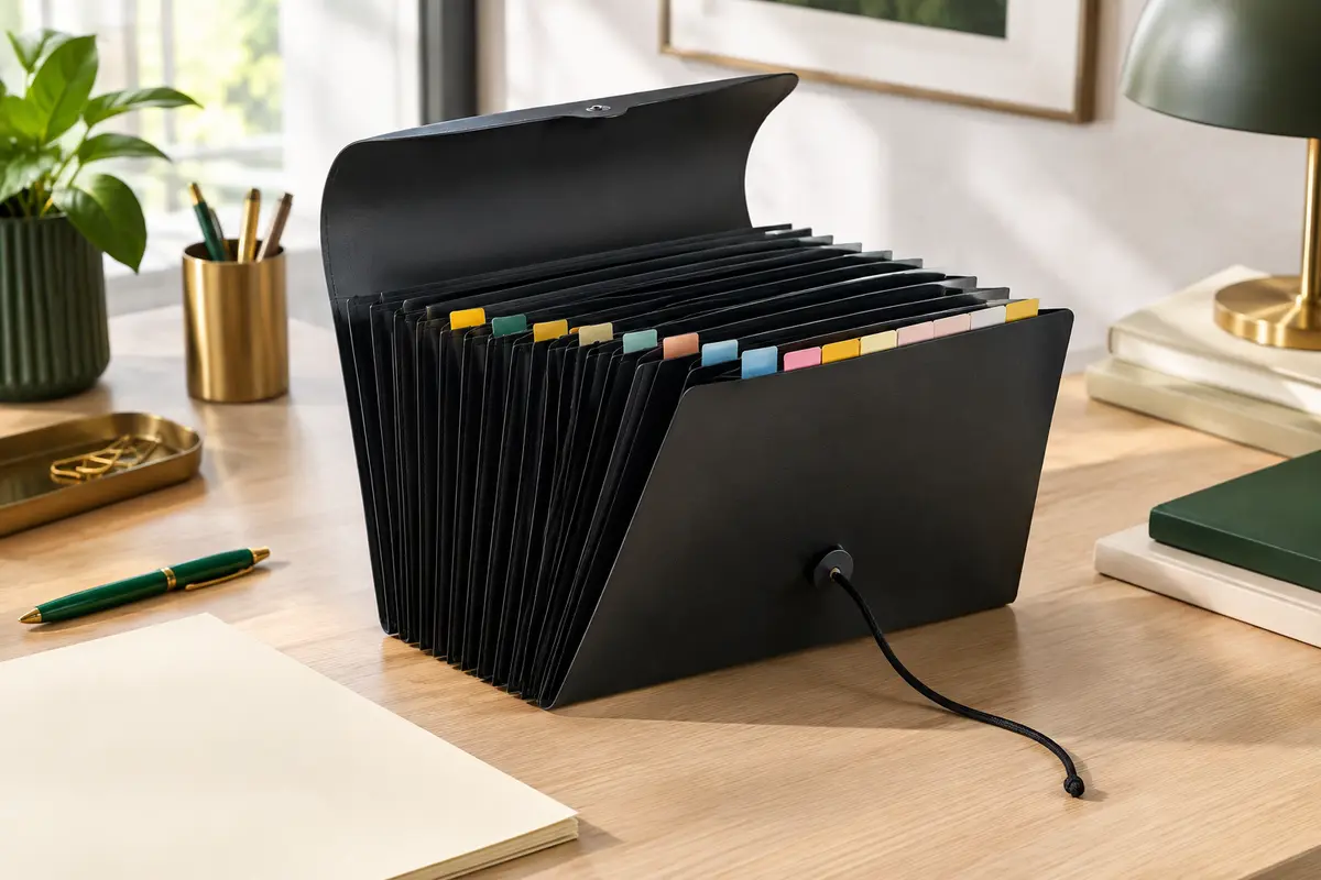 Trieur A4 noir à douze compartiments colorés posé ouvert sur un bureau rangé