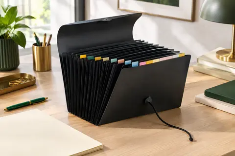Trieur A4 noir à douze compartiments colorés posé ouvert sur un bureau rangé