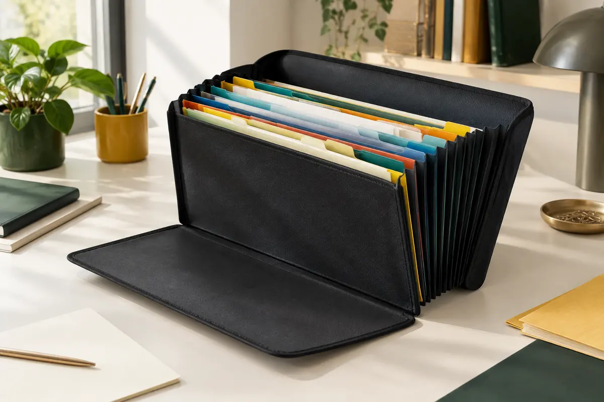 Trieur accordéon ThinkTex noir ouvert, avec ses compartiments colorés pour documents A4 sur un bureau rangé.