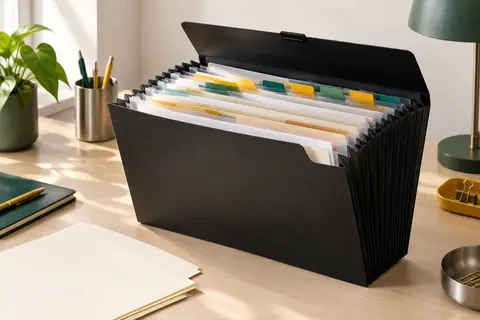 Trieur accordéon noir à pochettes extensibles et onglets colorés, ouvert sur un bureau rangé.