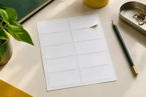Feuille A4 blanche mate avec dix étiquettes rectangulaires autocollantes vierges sur un bureau rangé.