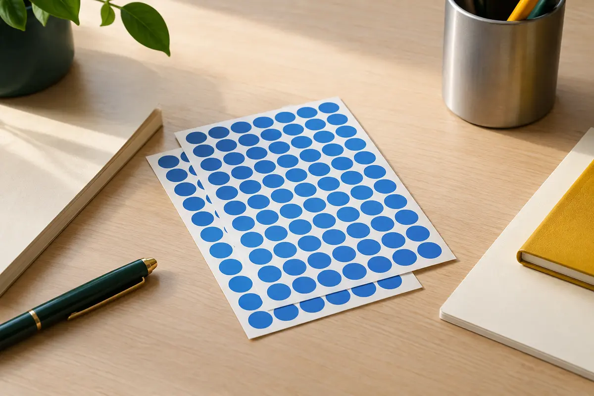 Feuilles de gommettes rondes bleues de 10 mm en papier, présentées sur un bureau clair et rangé.