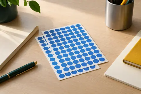 Feuilles de gommettes rondes bleues de 10 mm en papier, présentées sur un bureau clair et rangé.