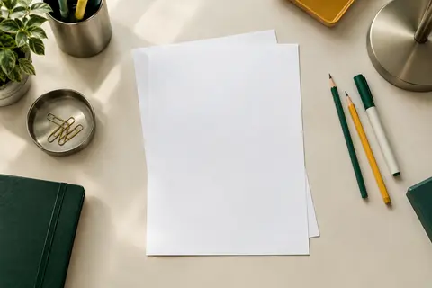 Feuilles autocollantes A4 blanches et mates posées sur un bureau avec des crayons et un marqueur.