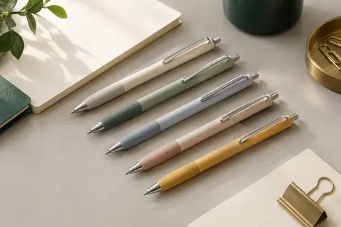 Cinq stylos gel noirs aux corps clairs Morandi, avec grip en silicone et clip en métal, posés sur un bureau.