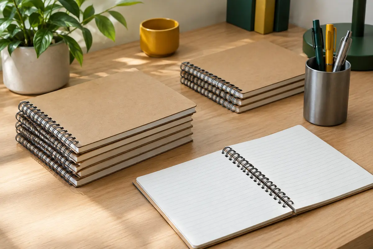 Lot de carnets A5 à couverture kraft, avec reliure à spirales et pages lignées, disposé sur un bureau rangé.