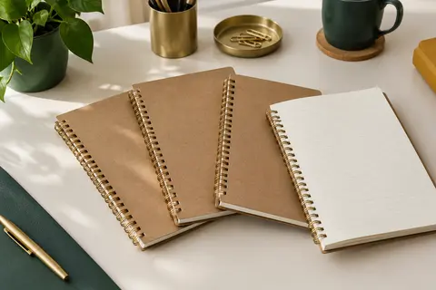 Lot de quatre cahiers A5 lignés à couverture kraft brune et spirale dorée sur un bureau rangé.