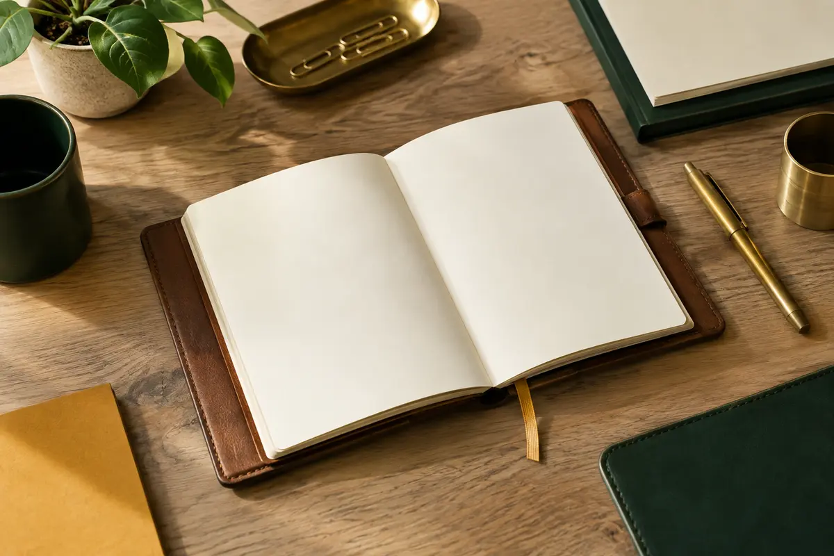 Carnet de voyage ouvert à couverture en cuir marron, avec des pages vierges sur un bureau clair