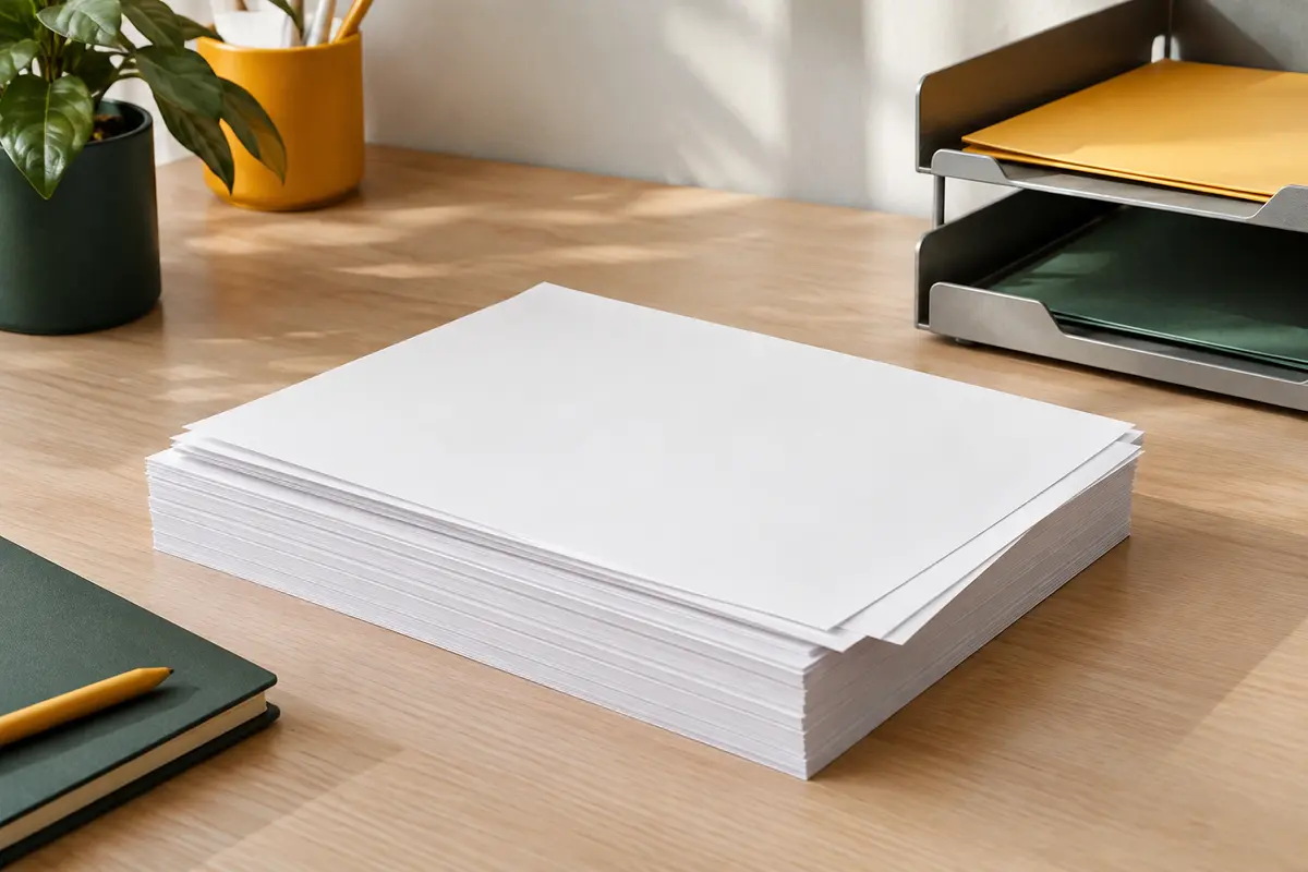 Pile de feuilles blanches A4 sur un bureau rangé, près d’accessoires en métal mat