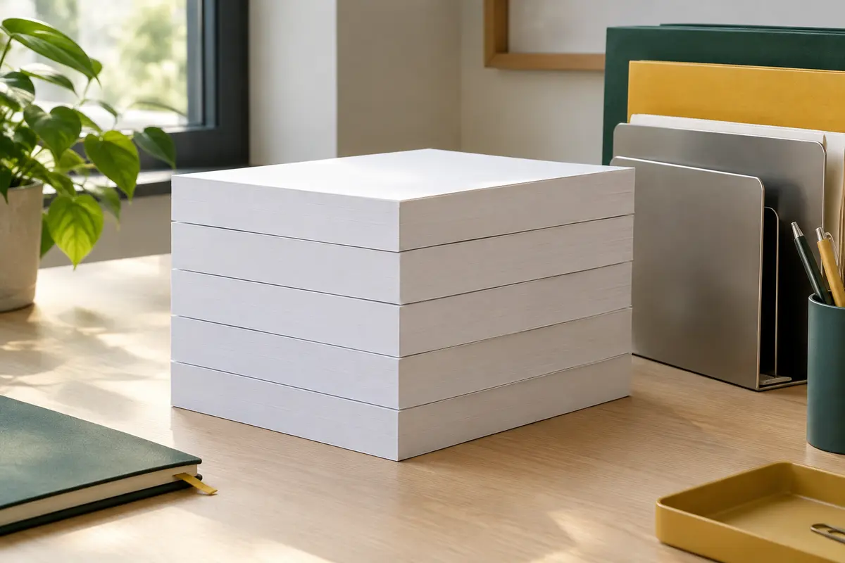 Feuilles blanches A4 non couchées disposées en piles sur un bureau clair et organisé.