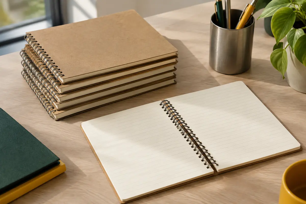 Lot de six cahiers A5 à couverture kraft, avec un carnet ouvert sur des pages lignées et sa double spirale visible.