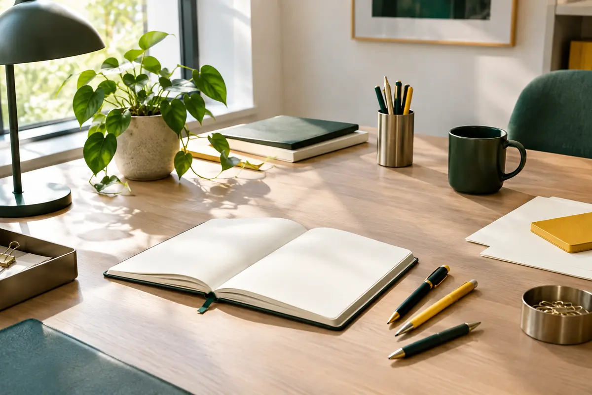 Bureau lumineux et organisé avec carnet, papier ivoire, stylos et accessoires en métal mat